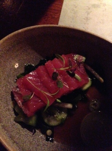 Yellowfin tuna, kohlrabi, sweet wasabi, soy and ginger dressing