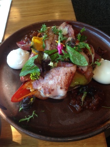 Top Paddock: chorizo, pickled onion, peppers, basil, bacon, Adelaide green tomatoes, poached eggs & relish on toast