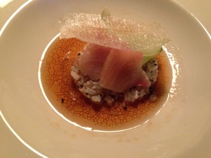 Kingfish sashimi on enriched Koshihikari rice with Japanese peach and mirin dressing