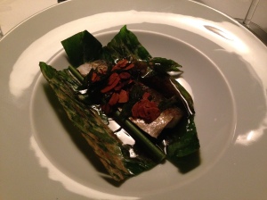 Coorong yellow eye Mullet, cooked in turmeric leaf, sauce amandine