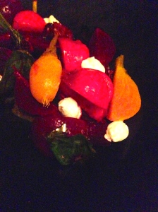 Baby beets, sheep's milk curd, candied pecans